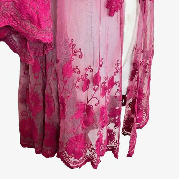 Dee Elly Pink Lace Embroidered Open Sheer Coverup Top Jacket Floral Fairy sz S - Picture 7 of 16